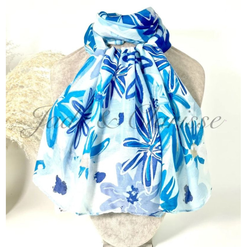 Echarpe Motif Fleurs " Bleu "