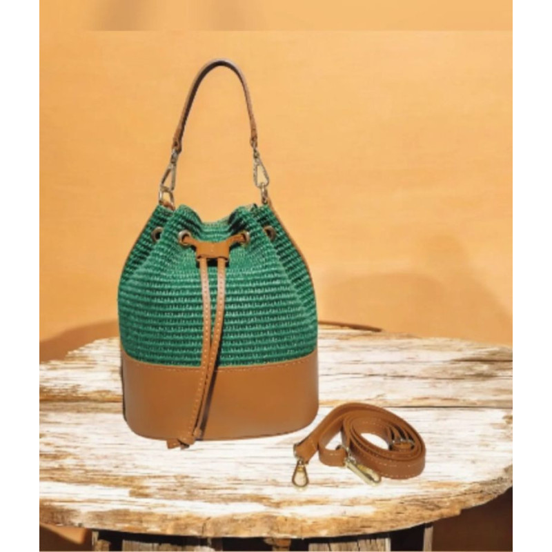 Sac Bourse en Cuir et Raffia