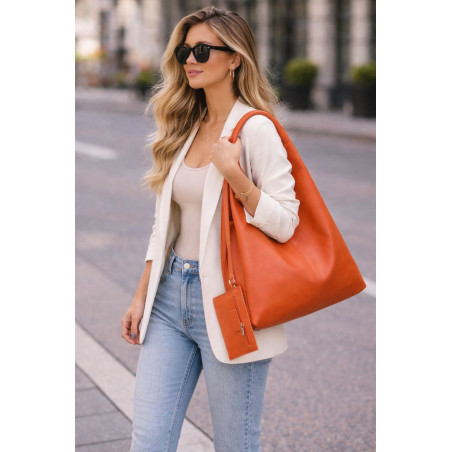 Sac porté épaule en cuir grainé avec pochette