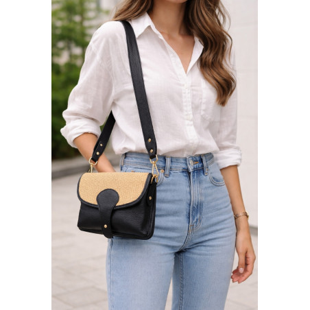 Sac bandoulière femme en cuir et raphia – fermeture bouton pression