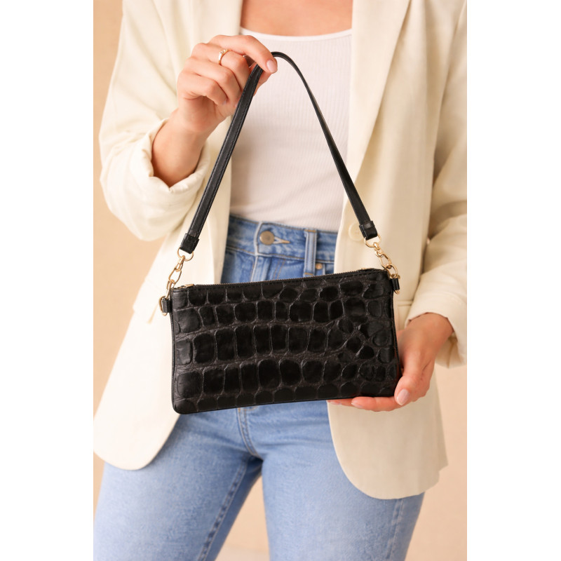 Sac pochette femme en cuir effet croco – bandoulière et sangle amovibles