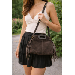 Sac bandoulière cuir suédé à franges femme – style bohème chic