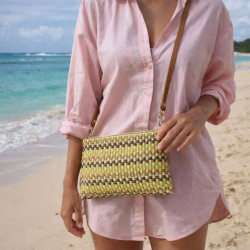 Pochette bandoulière femme en cuir et raphia multicolore