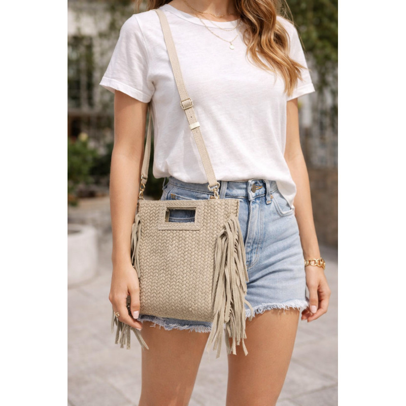 Sac bandoulière femme motif tressé à franges – Pochette bohème chic été