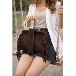 Sac bandoulière femme suédine à franges avec anse anneau doré – Style bohème chic