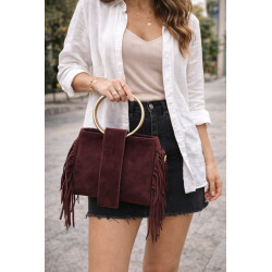 Sac bandoulière femme suédine à franges avec anse anneau doré – Style bohème chic