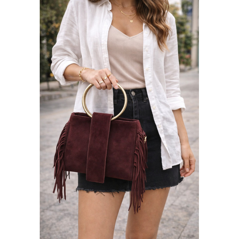 Sac bandoulière femme suédine à franges avec anse anneau doré – Style bohème chic