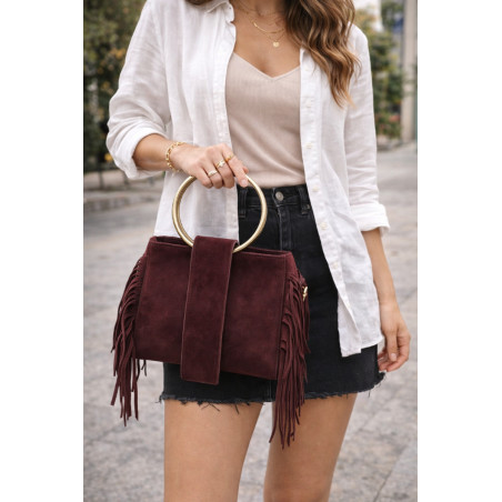Sac bandoulière femme suédine à franges avec anse anneau doré – Style bohème chic