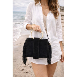 Sac bandoulière femme suédine à franges avec anse anneau doré – Style bohème chic