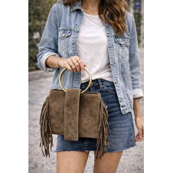 Sac bandoulière femme suédine à franges avec anse anneau doré – Style bohème chic