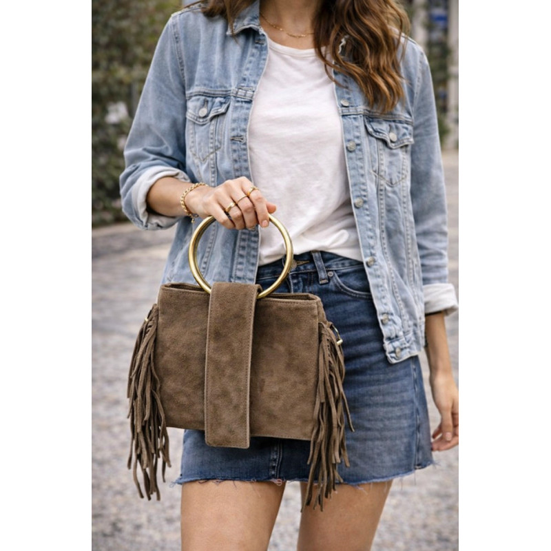 Sac bandoulière femme suédine à franges avec anse anneau doré – Style bohème chic