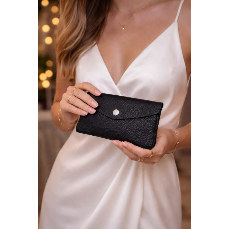 Porte-monnaie femme élégant noir en cuir – format compact chic avec bouton pression