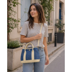 Sac à main femme en jean et cuir italien – Grand cabas chic bandoulière