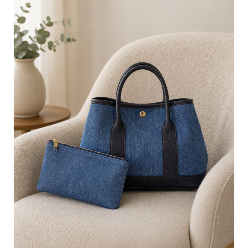 Sac à main femme en jean et cuir italien – Grand cabas chic bandoulière