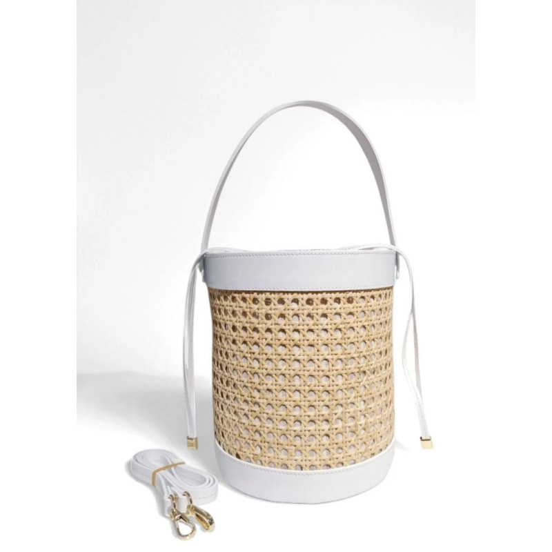 Sac seau femme en raphia tressé et cuir esprit bohème chic