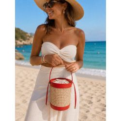 Sac seau femme en raphia tressé et cuir esprit bohème chic