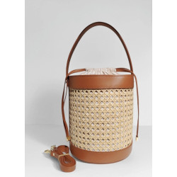 Sac seau femme en raphia tressé et cuir esprit bohème chic