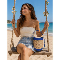 Sac seau femme en raphia tressé et cuir esprit bohème chic