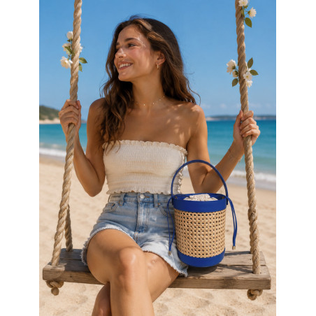 Sac seau femme en raphia tressé et cuir esprit bohème chic