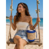 Sac seau femme en raphia tressé et cuir esprit bohème chic