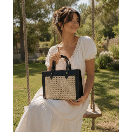Sac cabas en cuir et raphia tressé – Élégance bohème chic