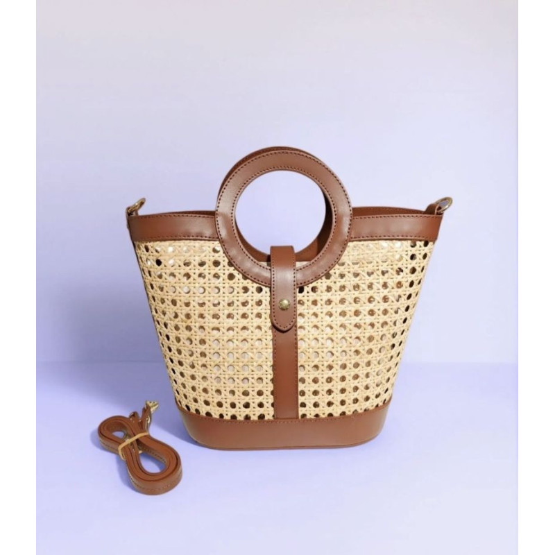 Sac seau en raphia et cuir – Sac bandoulière bohème chic