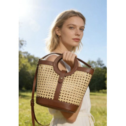 Sac seau en raphia et cuir – Sac bandoulière bohème chic