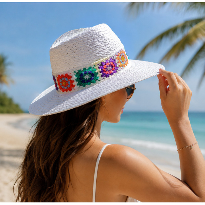 Chapeau de paille femme réglable à larges bords – Style bohème chic