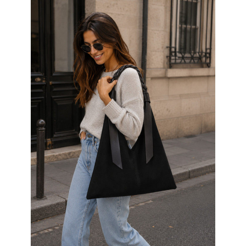 Sac cabas femme en suédine avec anses tressées – Grand format élégant et tendance