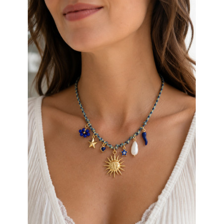 Collier breloques bohème bleu & doré – Soleil, perle et œil porte-bonheur