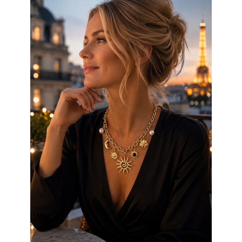 Collier breloques Soleil & Lune doré – Bijou bohème chic avec perles