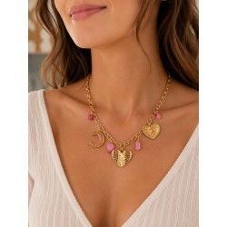 Collier breloques cœur & lune doré – Bijou bohème chic rose pour femme