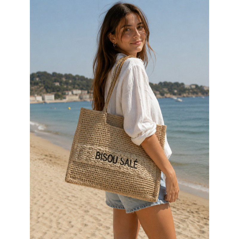 Panier cabas BISOU SALÉ en raphia – Grand sac de plage et de shopping tendance pour femme