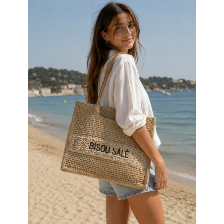 Panier cabas BISOU SALÉ en raphia – Grand sac de plage et de shopping tendance pour femme