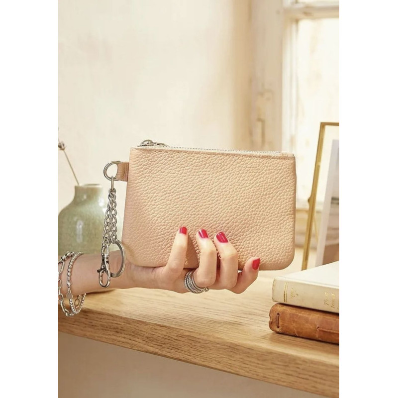 Porte-monnaie en cuir grainé véritable – Pochette zippée élégante pour femme