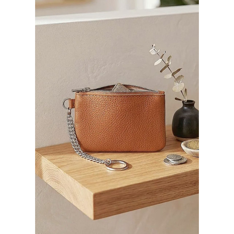 Porte-monnaie en cuir grainé véritable – Pochette zippée élégante pour femme
