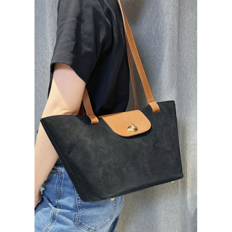 Sac cabas en daim avec pochette rouge et anses cuir