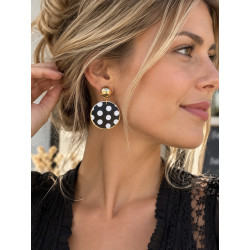 Boucles d’oreilles femme pendantes rondes dorées à pois noir et blanc