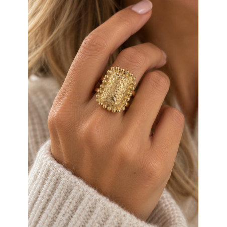 Bague dorée rectangulaire texturée avec bord perlé – Acier inoxydable