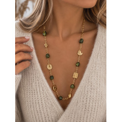 Collier long doré pierres vertes et pendentifs – Acier inoxydable