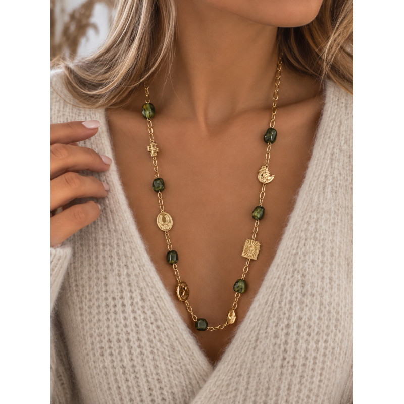 Collier long doré pierres vertes et pendentifs – Acier inoxydable