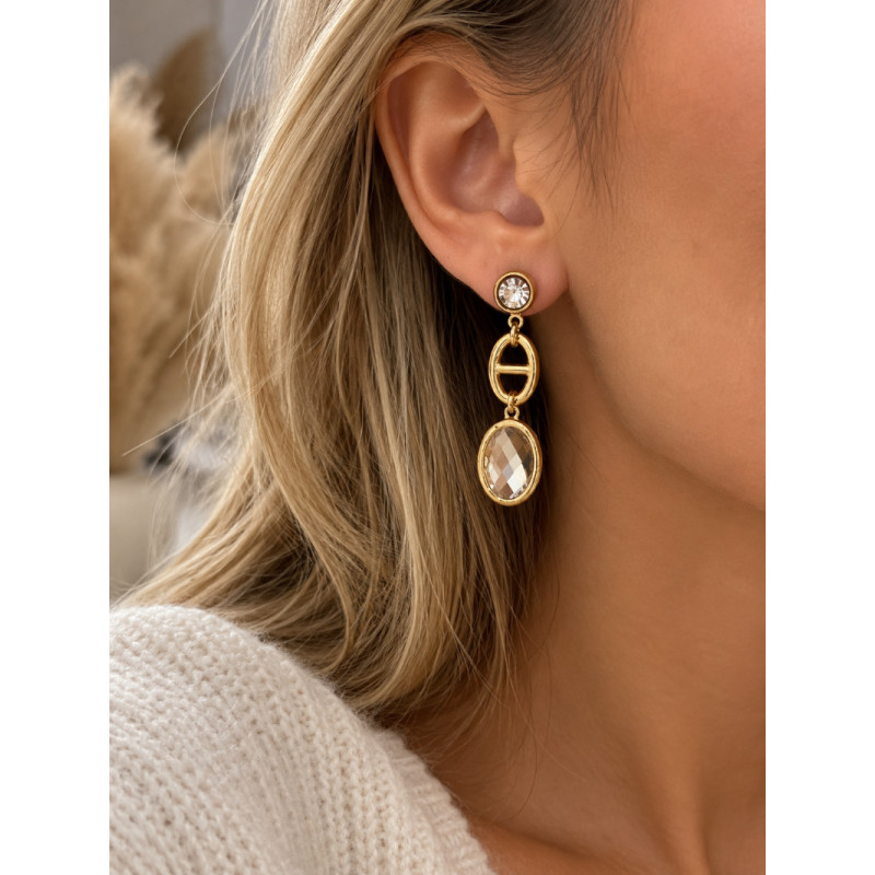 Boucles d’oreilles dorées pendantes avec cristaux facettés – Acier inoxydable