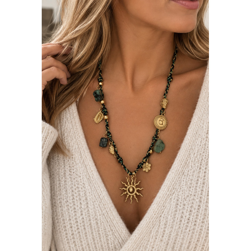 Collier bohème vert et doré avec pierres naturelles – Acier inoxydable