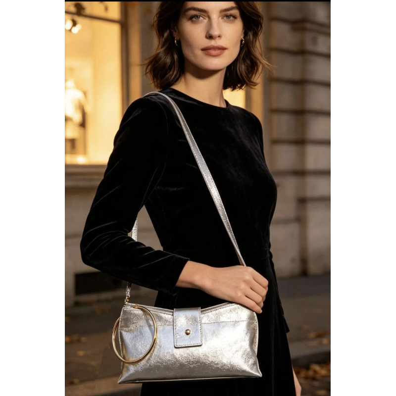 Sac bandoulière en cuir irisé 100% cuir avec anneau doré et bandoulière réglable