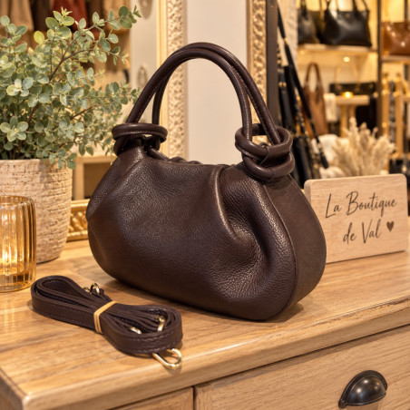 Sac bandoulière femme en cuir grainé avec anses nouées et bandoulière amovible
