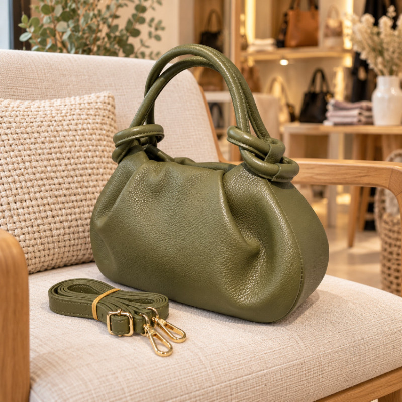 Sac bandoulière femme en cuir grainé avec anses nouées et bandoulière amovible